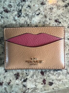Coach Metallic Gold Card Case with Pink Lip Accent